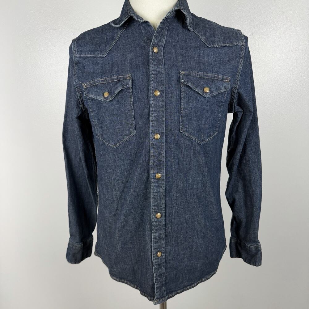 Wrangler Western Denim Pearl Snap Shirt Men’s Small Dark Wash Cowboy